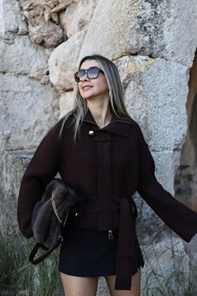 bytugcekaya Cardigan din lână maro, mărime standard, cu fermoar și curea