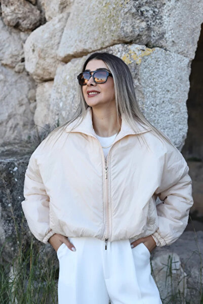 bytugcekaya Μπεζ Λεπτό Κοντό Παλτό Στάνταρ Μέγεθος