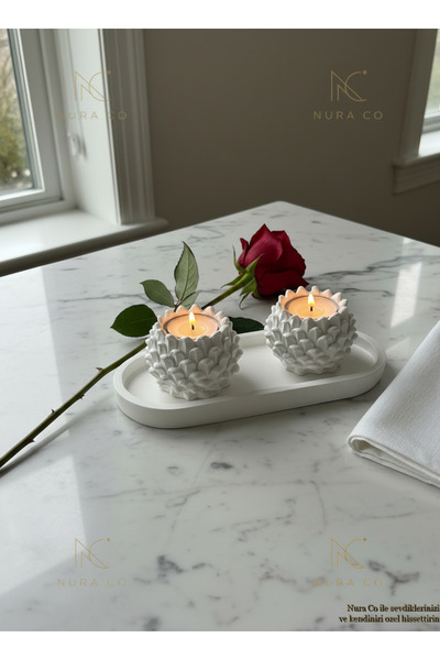 NURA CO El Yapımı Kozalak Tealight Tutucu 2'li Set Oval Tepsi ile Doğa Temalı...