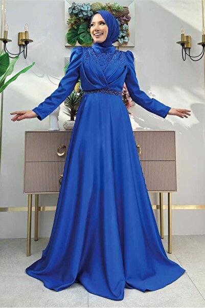 TRENDTESETTÜR KADIN LACİVERT (SAKS) TAŞ DETAYLI ABİYE ELBİSE T 8511