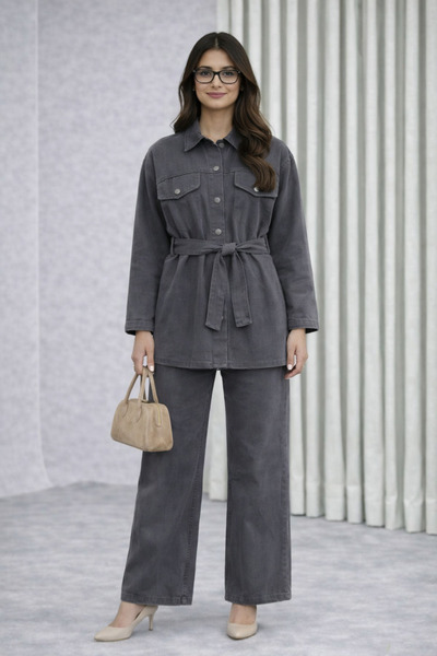 deniva جينز نسائي واسع الساق مقاس كبير ( دنيم ) طقم رمادي بحزام