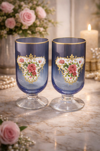 esdekor Bohemia Crystal 2'li Mavi Renkli Güllü Kahve Yanı Su Bardak Cam Kadeh...
