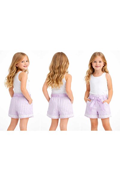 Neon Kız Çocuk Çizgili %100 Polyester Şort 1/2/3/4/5/6/7/8 Yaş
