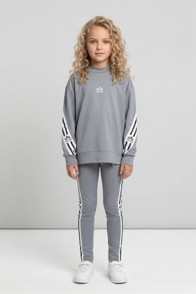 Black One Girls' Striped Detail Piece Casual Sweatshirt and Leggings Sport Set – Relaxed Fit, Soft Fabric