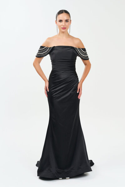 Satin Lined Evening Dress with Crafted Shoulders