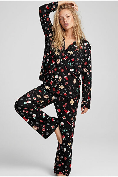 Siyah İnci Black Soft Textured Suede Buttoned Knitted Pajama Set 7984