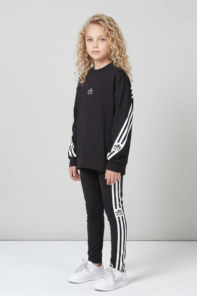 Black One Girls' Striped Detail Piece Casual Sweatshirt and Leggings Sport Set – Relaxed Fit, Soft Fabric