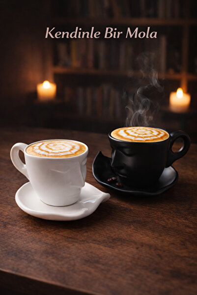 ARVALE İskandinav Yüz Şekilli Siyah-Beyaz Kupa Seti 2’li – 260 ml Minimal Tas...