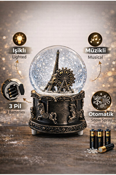 Erzi Paris Eyfel Kulesi Kar Küresi Işıklı Otomatik Kar Püskürtmeli Pilli Deko...