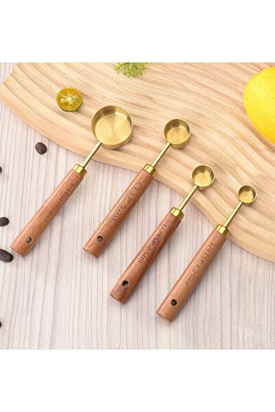 ARVALE مجموعة ملاعق قياس نحاسية بمقبض خشبي - 4 ملاعق قهوة وتوابل من الفولاذ ا...