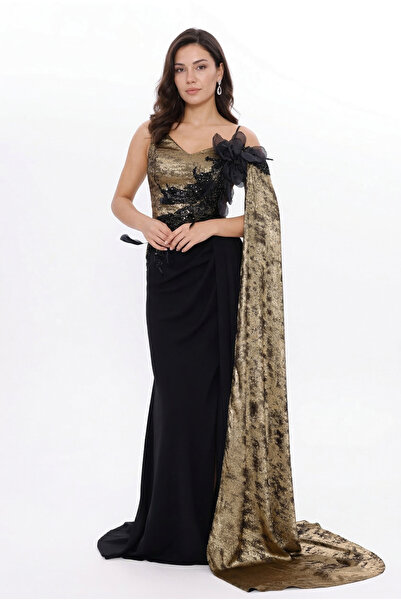 BDM Exclusive Kadife ve Krep Drapeli Çiçek Aplikeli Nakış İşlemeli Premium Ab...