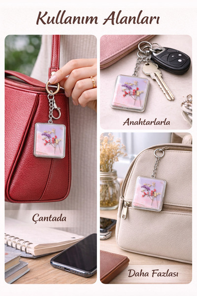 ARVALE Çift Taraflı Cep Aynası Anahtarlık | Kuru Çiçekli Çanta Süsü & Makyaj ...