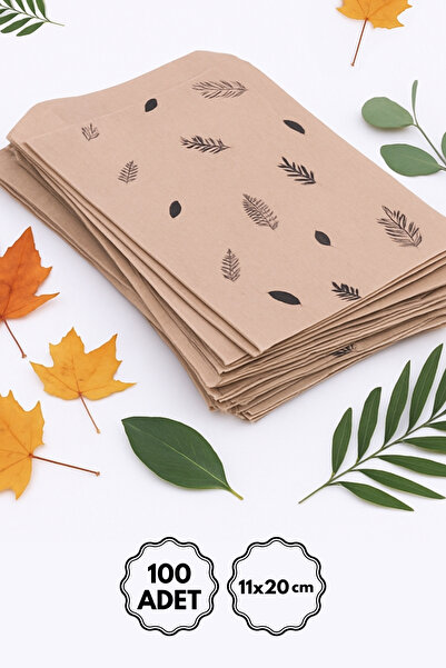 Bimotif Yaprak Desenli Kese Kağıdı, Kraft-siyah 11x20 Cm - 100 Adet