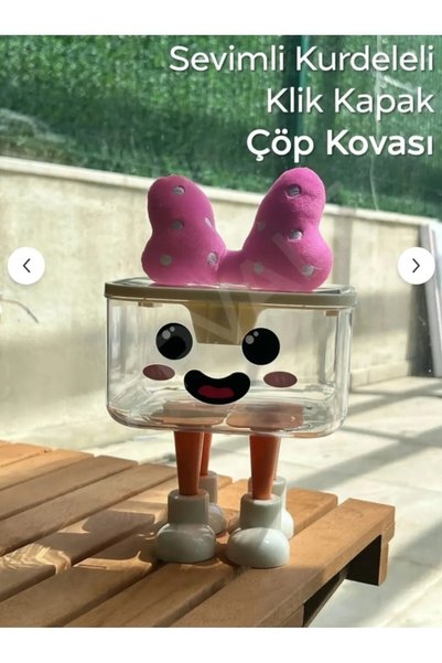 ARVALE Şeffaf Sevimli Kurdeleli Klik Kapak Mini Çöp Kovası | Stickerlı 1,8 Lt