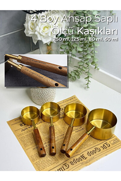 ARVALE 4’lü Ahşap Saplı Ölçü Kaşığı Seti – 250/125/80/60 ml Paslanmaz Metal