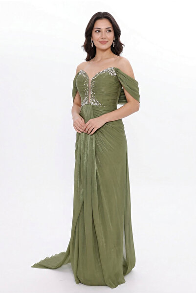BDM Exclusive Parlak Şifon Drapeli Düşük Omuz Uzun Premium Abiye Elbise