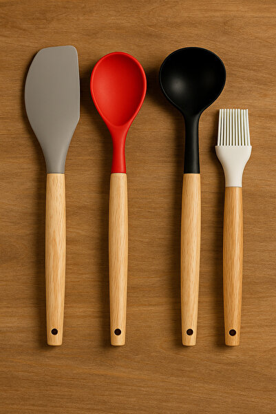 ARVALE Silicone Wooden Handle Fireproof Non-Stick Spoon Spatula Ladle Brush S...