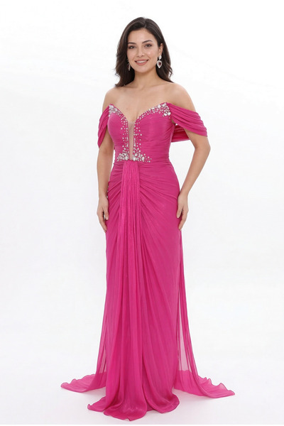 BDM Exclusive Parlak Şifon Drapeli Düşük Omuz Uzun Premium Abiye Elbise