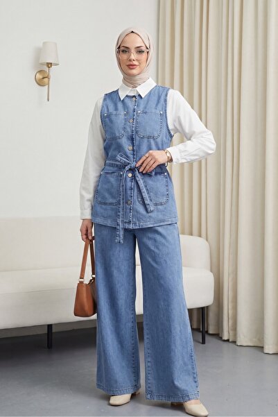 HİJABAYA Σετ τζιν με φαρδιά παντελόνια, τσέπες και γιλέκο με κουμπιά