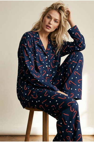 Siyah İnci Navy Blue Candy Cane Patterned New Year's Themed 100% Cotton Knitt...