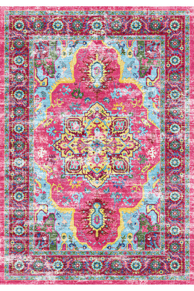 kilim home Fuşya Turkuaz Bohem Vintage Desenli Salon Halısı – Eskitme Görünüm...
