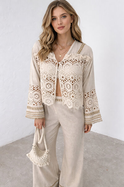 İLKCET MODA Set de sus și de jos cu model de dantelă - Accesorii incluse