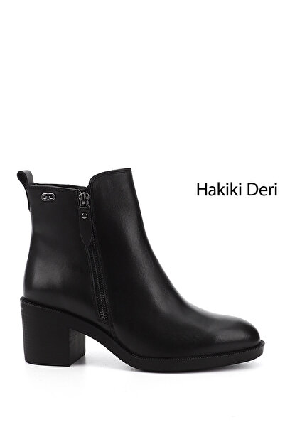 GÖNDERİ(R) Kadın Siyah Fermuarlı Kalın Topuklu Hakiki Deri Bot