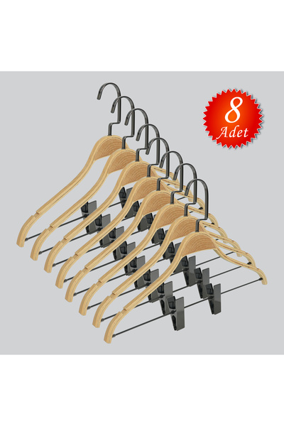 NYN Ahşap (Siyah Nikel Kanca) Mandallı Etek, Pantolon, Kombin, Askısı 8 Adet