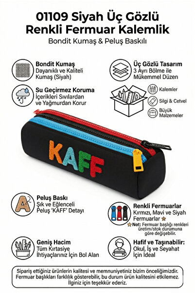 KAFF 01109 Siyah Üç Gözlü Renkli Fermuar Su Geçirmez Bondit Kumaş Peluş Baskılı Kalem Kutusu Kalemlik