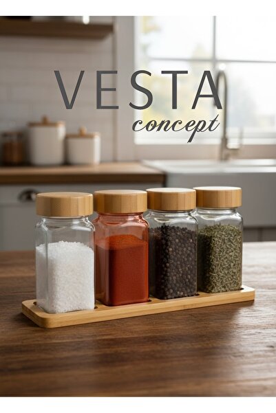 VESTA Concept طقم توابل زجاجي مربع الشكل - طقم من 4 قطع يشمل وعاء ملح ووعاء ت...