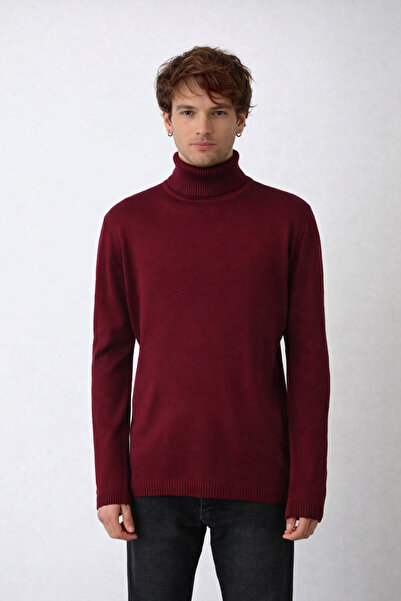 İLKCET MODA Men's Burgundy Turtleneck Fisherman Knit Sweater