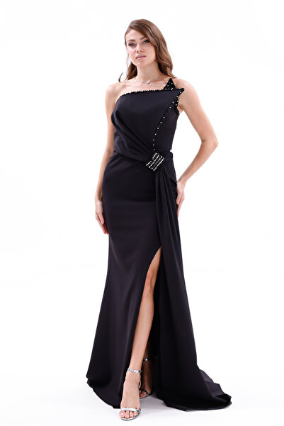 BDM Exclusive Taş İşlemeli Broş Detaylı Uzun Krep Abiye Elbise