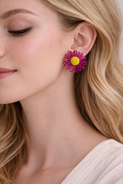 Modex أقراط على شكل زهرة ديزي بتفاصيل مطرزة على الطراز البوهيمي (5 سم)