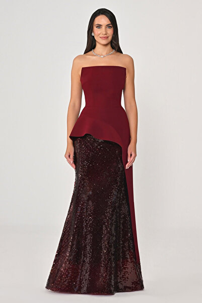 ALFABETA بدون حمالات فستان طويل مزين بالترتر فوق كريب تنورة ألفا بيتا