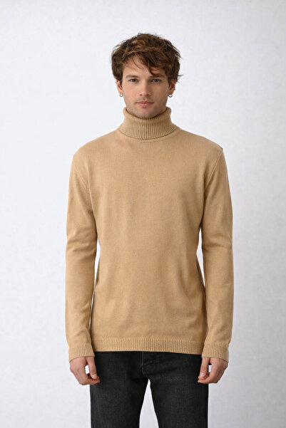 İLKCET MODA Men's Mink Turtleneck Fisherman Knit Sweater