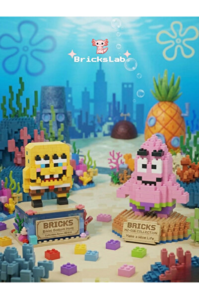 Bricks Mini Sünger Bob ve Patrick Figür Seti ikili 3D Puzzle Yapı Oyuncağı Ko...