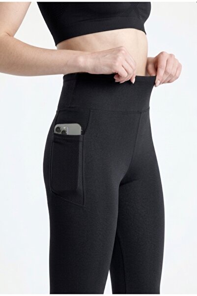 glanour Γυναικείο ψηλόμεσο εφέ σύσφιξης Με τσέπες μαύρο αθλητικό κολάν