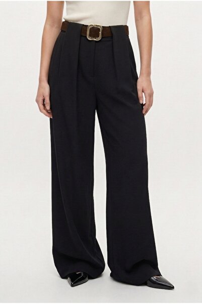 Ritnice Pantaloni negri Lora pentru femei, curea piese, cu picior larg, cu pl...