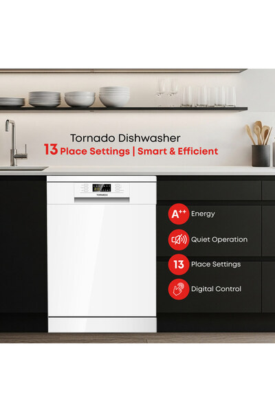 Tornado Freestanding Dishwasher 13 Place Settings, 6 Programs, 2 Racks, Low N...