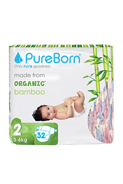 PUREBORN حفاضات عضوية مقاس 2، 3-6 كجم، 32 قطعة، عبوة واحدة متنوعة