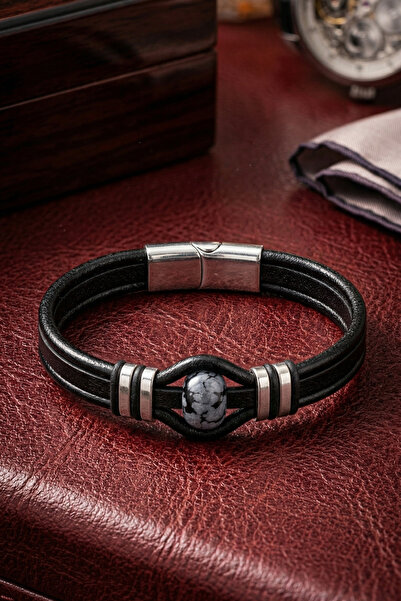 OSMANLI GÜMÜŞ Men's Leather Bracelet Snowy Obsidian Rondela Natural Stone Lea...