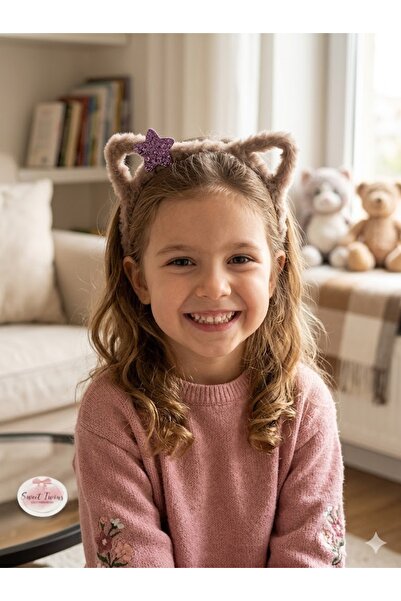Sweet twins accessories Kedi Kulaklı Çocuk Taç Simli Yıldızlı Peluş Çocuk Tacı
