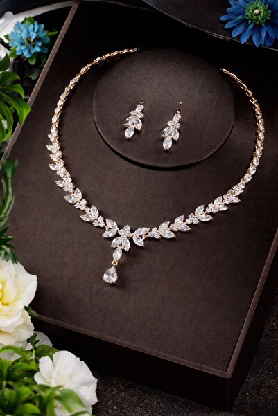 VİYA Grace Sarı - Beyaz Altın Taşlı Düğün Takı Seti Kolye Küpe Hediye Set