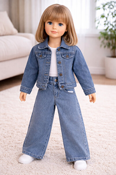PUBA KİDS Girl's Set with Stone-Embellished Denim Jacket and Denim Pants, and...