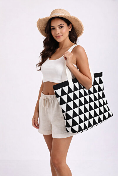 Sebir Moda حقيبة كتف وحقيبة شاطئ منسوجة بنمط مثلث