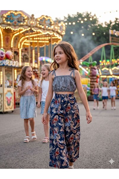 Hilal Akıncı Kids Kız Çocuk Yaprak Desenli Salaş Pantolon Kot Büstiyer Ikili ...