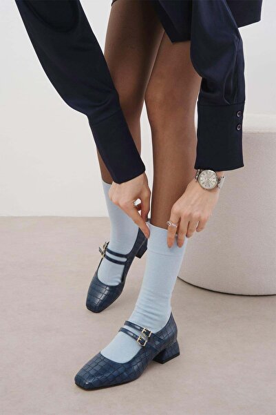 Mio Gusto Giorgia Lacivert Renk Küt Burunlu Kadın Kısa Topuklu Ayakkabı