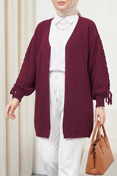 Modamorfo Kolu Hair Braided Casual Knitwear Cardigan - Burgundy