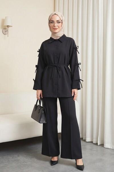 HİJABAYA Εισαγόμενο κοστούμι από κρεπ με λεπτομέρεια φιόγκου στα μανίκια και ...