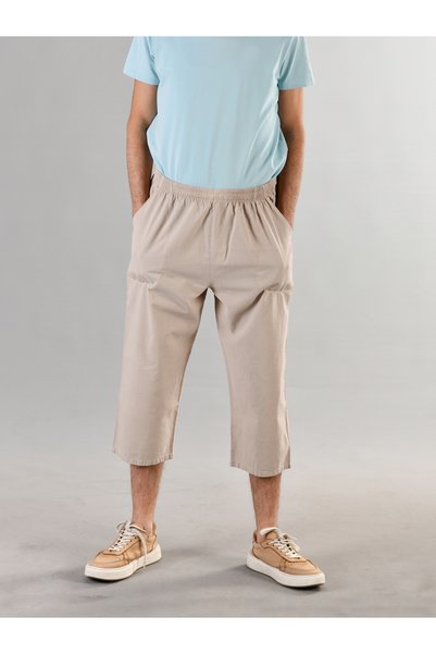 DUXA 100% Cotton Linen Textured Elastic Waist Lace-Up Men's Casual Home Outdoor Sports Summer Below Knee Plus Size Capri Shorts Pants